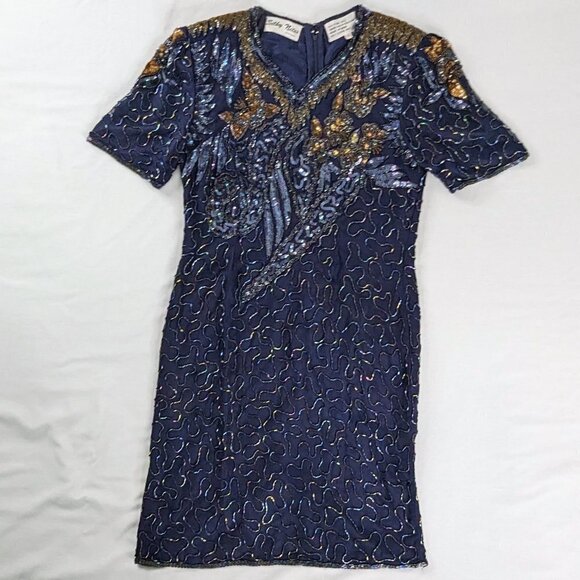 VTG Navy Blue Gold Silk Beaded Short Sleeve V Neck Formal Midi Dress - Picture 2 of 10